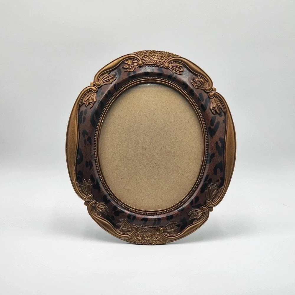 Victorian Style Leopard Print Resin Oval Picture Frame Ornate Gold Tone Accents